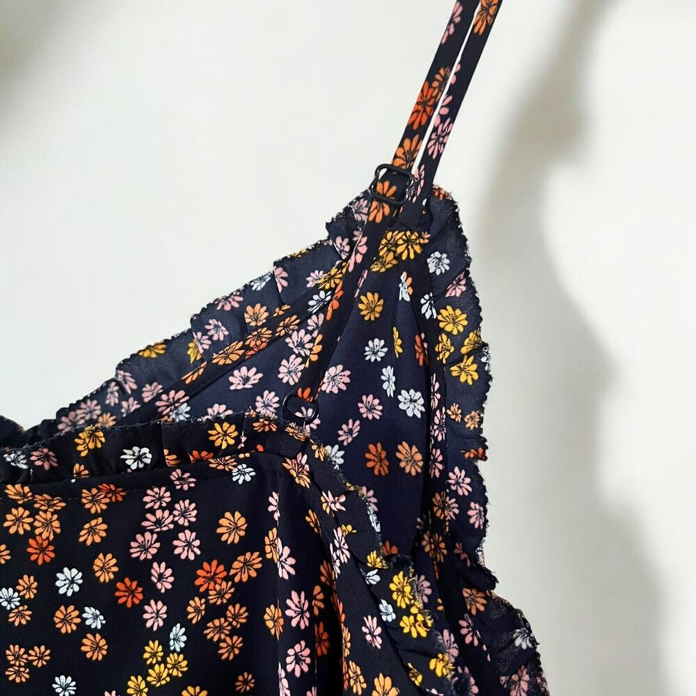 Loft Retro Floral Daisy Ruffle Adjustable Spaghetti Strap Navy Cami Size Small - Picture 7 of 11